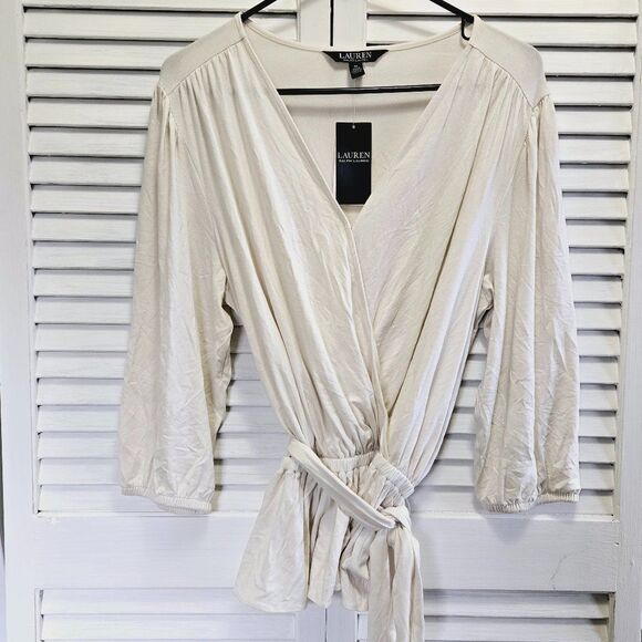 NWT LAUREN RALPH LAUREN JERSEY PEPLUM BELTED SIDE TIE BLOUSE/TOP CREAM M $98 - Picture 4 of 9